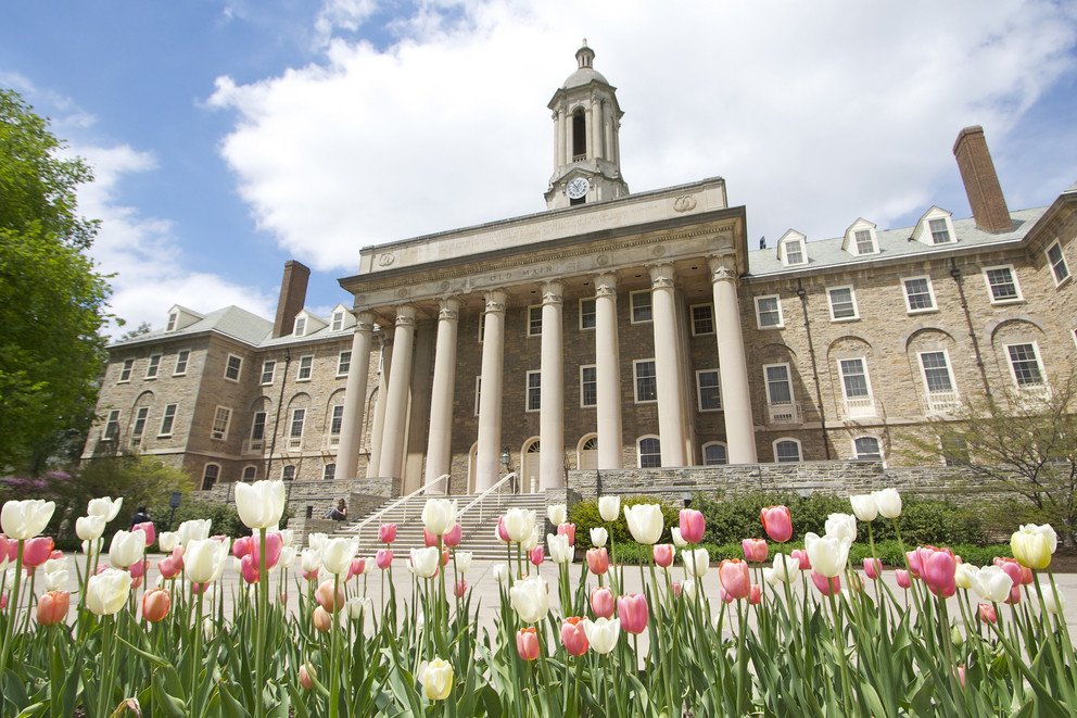 Tulips bloom in front of Old Main