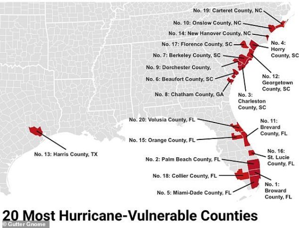America's most hurricane-vulnerable counties REVEALED: These 318 areas are at highest risk... so where does YOUR hometown rank?