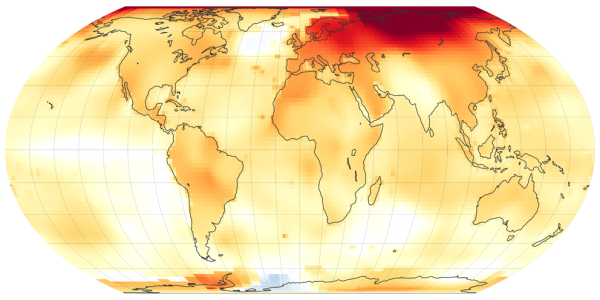 A map of the globe showing temperature anomalies in yellows and reds