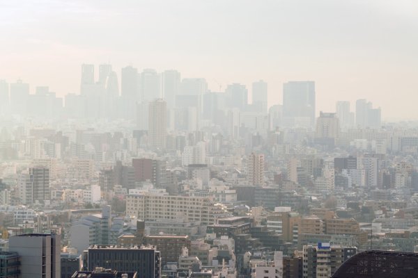 Air pollution haze across a cityscape