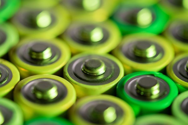 Close up view of green and yellow batteries