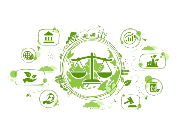 Green legal scales on top of an earth background surrounded by environmental symbols