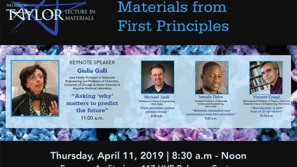 'Materials from First Principles' theme for 2019 Nelson W. Taylor Lecture Series | Penn State University