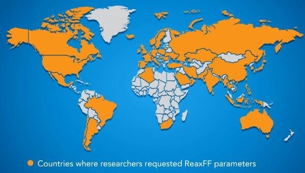 Global map with countries colored yellow that include researchers who requested force field.