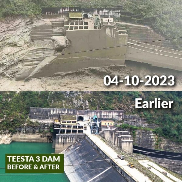 Fig. 1. Teesta III Hydropower Plant, Chungthang, Sikkim, before and after the Oct. 4, 2023 flood (Courtesy: sandrp.in)