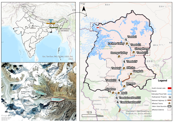 Fig. 2. Map of Sikkim, South Lhonak Lake, and the Teesta River showing affected areas and selected hydropower projects