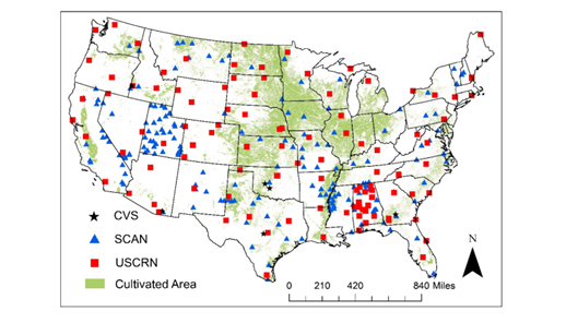 Fig2. Core Validation Sites (CVS), Soil Climate Analysis Network (SCAN), and United States Climate Reference Network (USCRN) soil moisture observation sites throughout the conterminous United States.