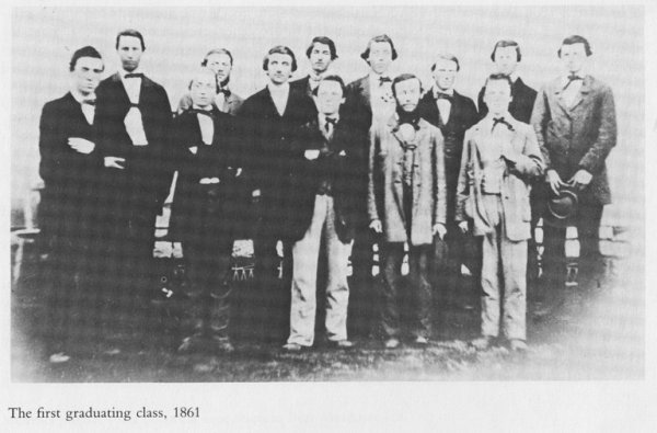 The very first graduating class at The Farmer's High School was very small, under the presidency of Evan Pugh. Thirteen graduates were awarded Baccalaureate degrees in Agriculture in 1861. This was a significant mark in academia because it produced the first baccalaureates at an American agriculture institute.