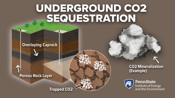 An illustration shows a cross section of the earth with injection wells deep underground where CO2 can either be trapped under overlying cap rock or mineralize.