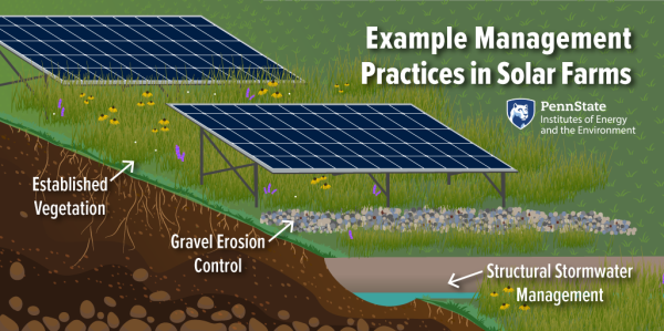 Example management practices in solar farms include existing vegetation, gravel erosion control, and structural stormwater management.