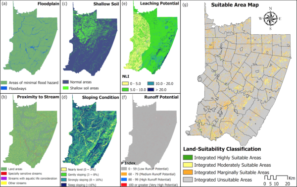 Figure 3. Maps showing a) floodplains, b) proximity to streams, c) shallow soils, d) slope condition, e) leaching potential, f) runoff potential, and g) suitable areas for manure application. Each represents an individual suitability classification.