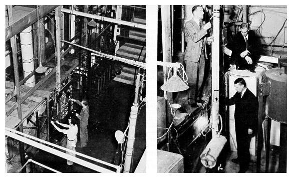 The Petroleum Refining Laboratory's barrel-a-day solvent plant, used to develop improved lubricating oils. At the foot of the heavy-water column are Donald Cryder (left), Merrill Fenske (right), and Harold Urey (below).