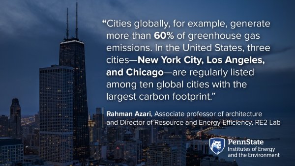 Cities globally, for example, generate more than 60% of greenhouse gas emissions. In the United States, three cities -- New York City, Los Angeles, and Chicago -- are regularly listed among ten global cities with the largest carbon footprint. Rahman Azari, Associate professor of architecture and Director of Resource and Energy Efficiency Lab. Penn State Institutes of Energy and the Environment