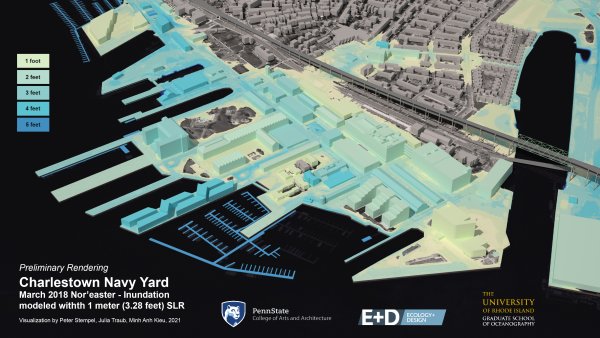 Charlestown Navy Yard National Historic Park, demonstrating a semi-realistic approach to depicting storm and sea level inundation. Visualization by Peter Stempel, models by Peter Stempel, Julia Traub, Minh Anh Kieu. Data by NOAA, USGS, State of Massachusetts, and University of Rhode Island.