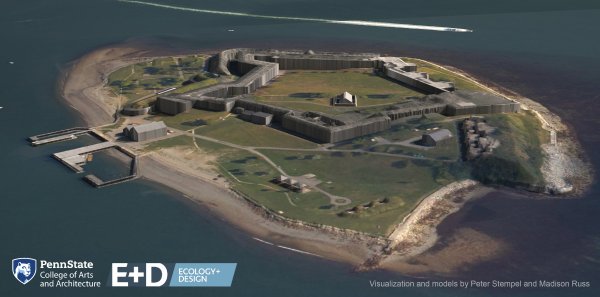 Fort Warren, Boston Harbor Islands National Recreation Area, demonstrating a more highly realistic depiction with vegetation. Visualization and models by Peter Stempel and Madison Russ. Data by NOAA, USGS, and State of Massachusetts.