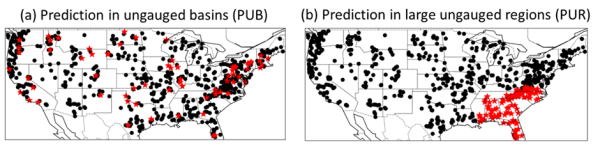 A demonstration of PUB (spatial interpolation) and PUR (spatial extrapolation) problems. The black and red dots are the gauged basins used for training and the ungauged basins used for testing.
