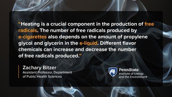 “Heating is a crucial component in the production of free radicals. The number of free radicals produced by e-cigarettes also depends on the amount of propylene glycol and glycerin in the e-liquid. Different flavor chemicals can increase and decrease the number of free radicals produced.” –Zachary Bitzer Assistant Professor, Department of Public Health Sciences