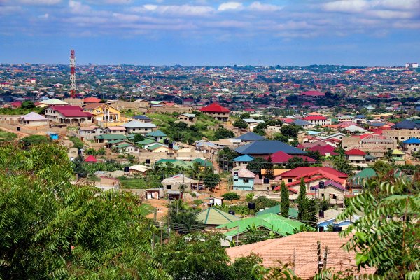 View of brightly-roofed houses in Accra, Ghana