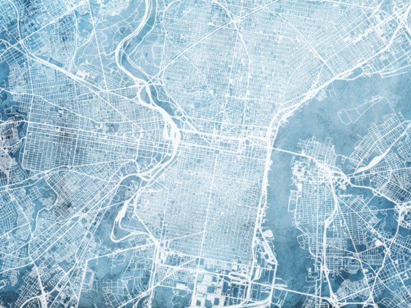 Map of the city of Philadelphia with white roads on an icy blue frozen background