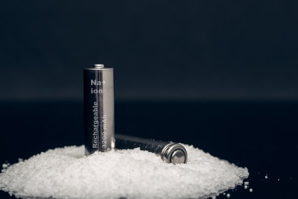 Two rechargeable sodium ion batteries are surrounded by salt