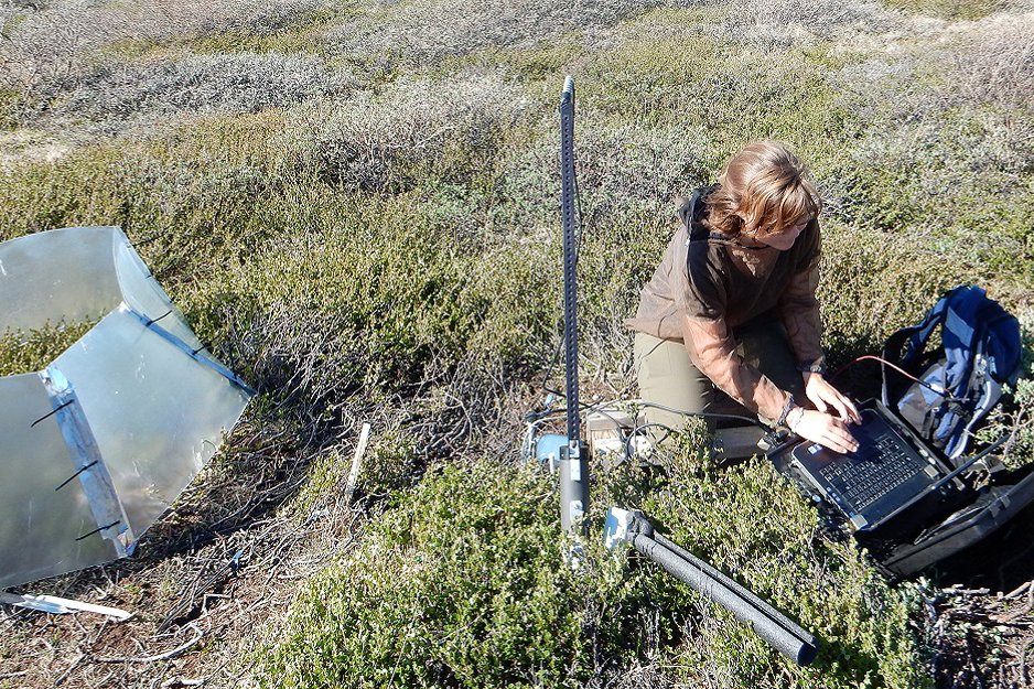 woman in field with equipment