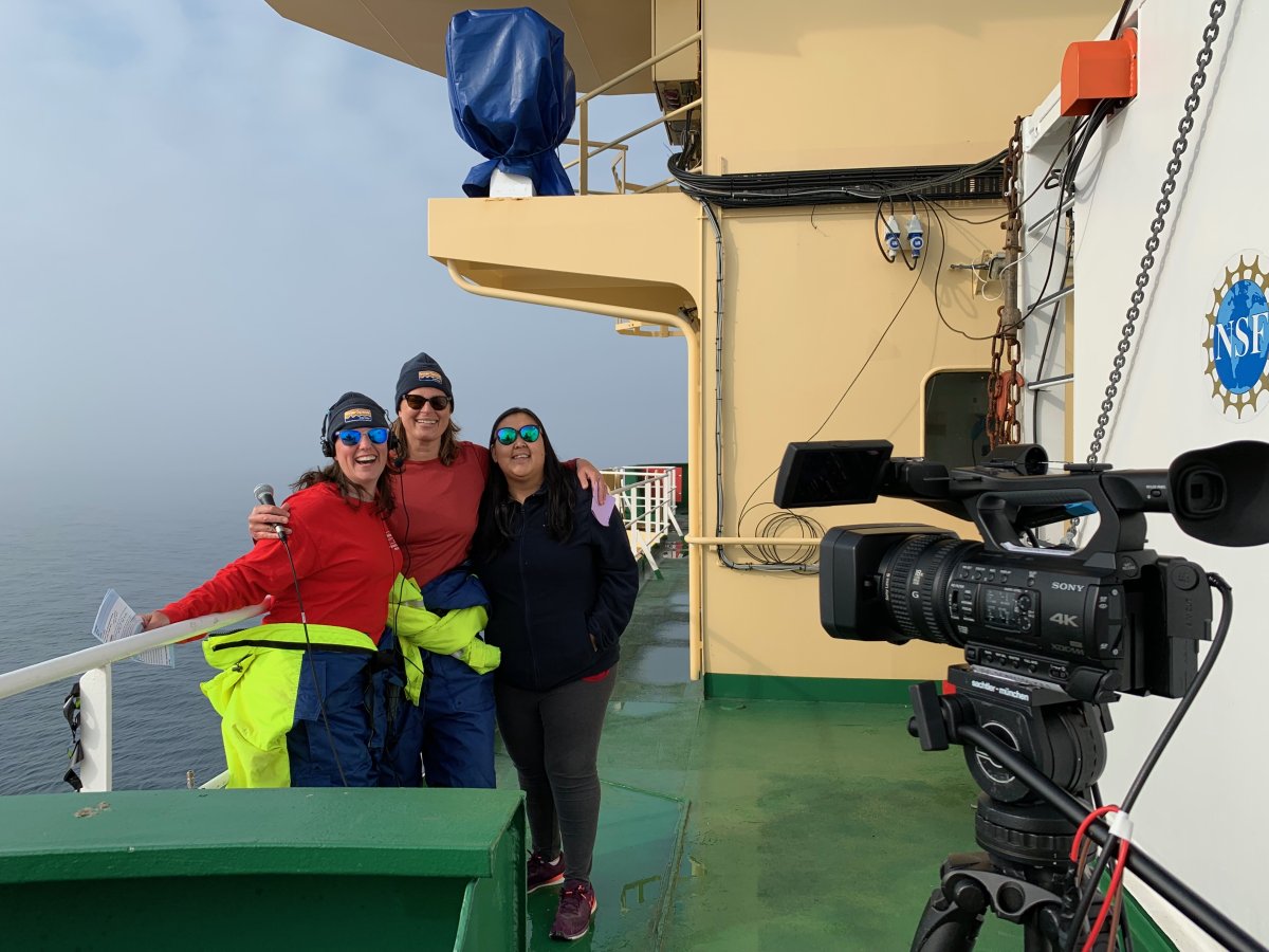 Holly Morin, Hester Blum, and Mia Otokiak Beattie on the Oden.