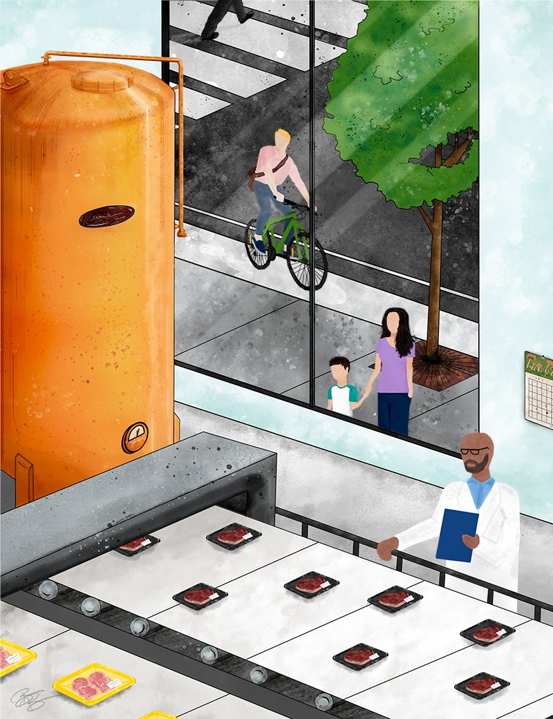 Packages of protein move down a conveyor belt near a fermentation tank as a worker looks on and while a woman and child look in the window from the street outside.