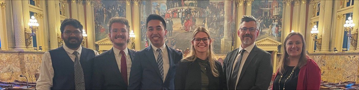 In April 2024, students and the Co-Directors from Penn State’s Local Climate Program were recognized on the floor of Pennsylvania’s General Assembly. From left to right: Vijay Chilerevu, Max Brown Theuer, Omar Padilla, Gemma Morrison, Peter Buck, and Brandi Robinson.