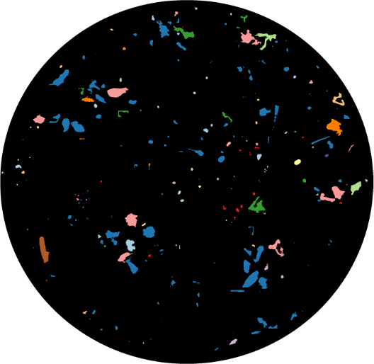 An LDIR image that shows the size, shape, and material characterizations of scanned microplastics that are between 10-990 um (microns)