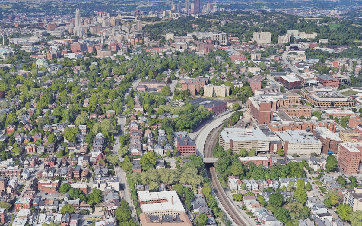 Aerial view of the Shadyside neighborhood in Pittsburgh, Pennsylvania showing high tree cover.