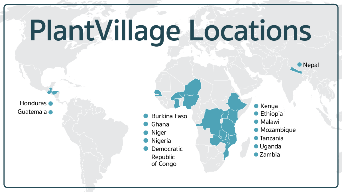 A world map highlighting PlantVillage locations.