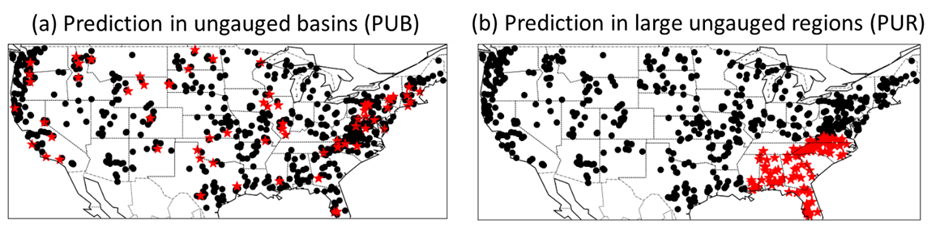 A demonstration of PUB (spatial interpolation) and PUR (spatial extrapolation) problems. The black and red dots are the gauged basins used for training and the ungauged basins used for testing.