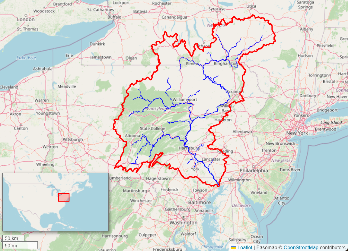 A map showing the Susquehanna River watershed, covering much of Pennsylvania and New York states.