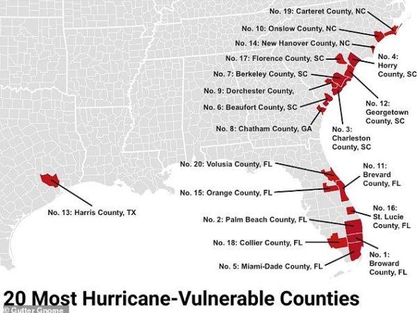 America's most hurricane-vulnerable counties REVEALED: These 318 areas are at highest risk... so where does YOUR hometown rank?