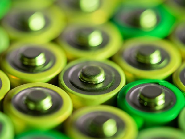 Close up view of green and yellow batteries