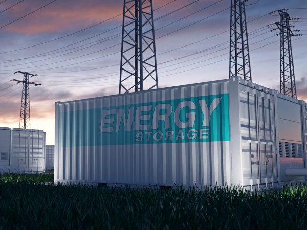 Energy storage units sit under power transmission lines