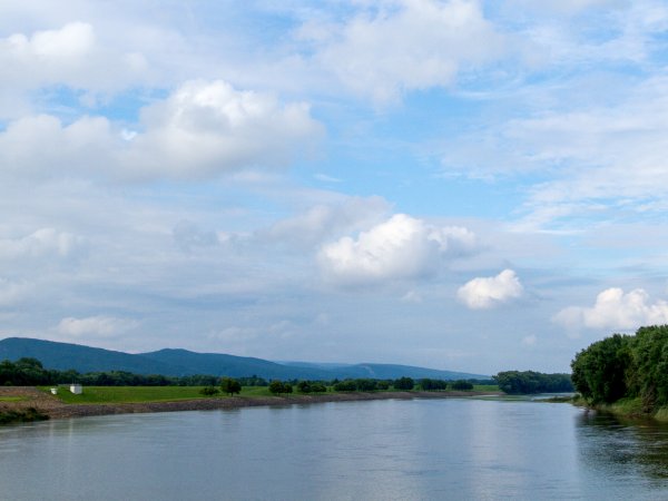 The Susquehanna River with levees and mountains in the background near Wilkes-Barre, Pennsylvania