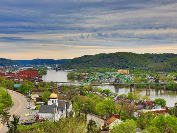 An aerial view of Wheeling, West Virginia along the Ohio River