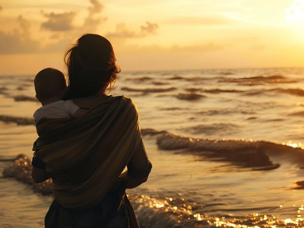 A woman carrying a child stands near the ocean in the sun