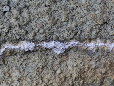 Concrete with a fracture and white carbonate crystallization