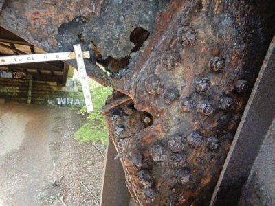 A photo from an inspection report of Pittsburgh's Fern Hollow Bridge shows "areas of severe corrosion and section loss up to 100%" on Bent 1, left frame leg, bottom of the top brace. The inspection occurred from Sept. 29, 2021, to Oct. 5, 2021. Courtesy of PENNDOT.