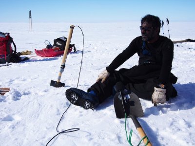 Sridhar Anandakrishnan with scientific implements in Antarctica