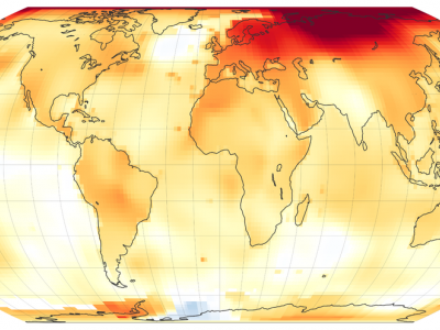 A map of the globe showing temperature anomalies in yellows and reds