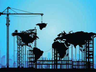 Illustration of a crane lifting the world map together on a blue background.