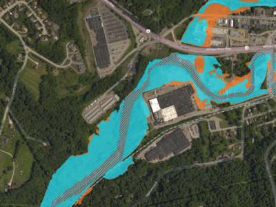 The Pennsylvania Flood Risk Assessment Tool provides users with data on flood hazard zones and data layers including roads, aerial photos and parcel data.