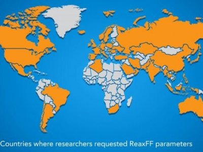 Global map with countries colored yellow that include researchers who requested force field.