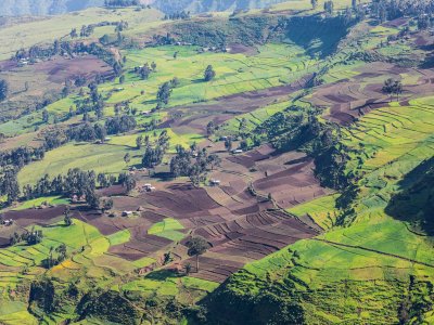 Aerial view of Ethiopian fields, farms, and villages