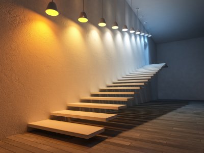 Colored lighting shines onto stairs