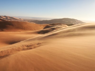 Dust blows across a sandy landscape in the Sahara