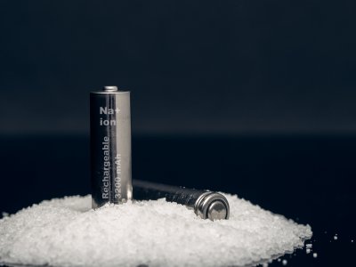 Two rechargeable sodium ion batteries are surrounded by salt